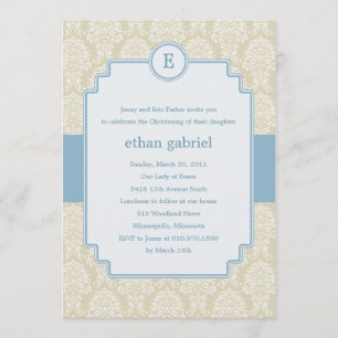 Convites Monograma Damask Baptism/Christening Invite - Azul