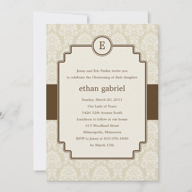 Convites Monograma Damask Baptism/Christening Invite - Brow (Frente)