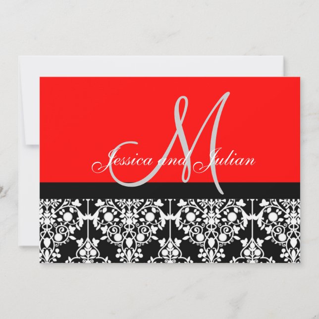 Convites Monograma Damask Black and Red Invation (Frente)