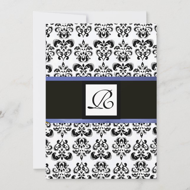 Convites MONOGRAMA DAMASK, branco preto, azul (Frente)