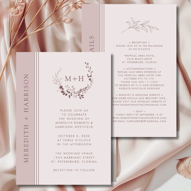 Convites Monograma de Blush Dourado rosa em um único casame (Rose Gold Blush Monogram Wreath All in One with Details Wedding Invitation)