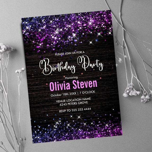 Convites Monograma de brilho preto roxo e branco (Criador carregado)