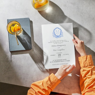 Convites Monograma de Caligrafia Floral Azul de Casamento