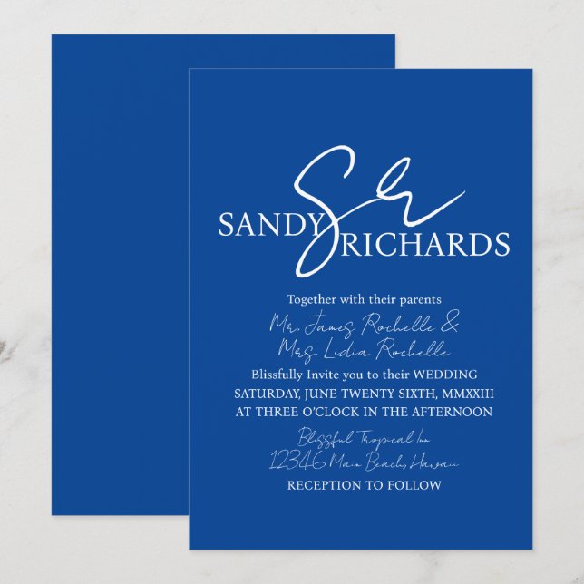 Convites Monograma de Casais Azul Branco Casamento Script   (Frente/Verso)