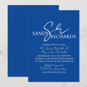 Convites Monograma de Casais Azul Branco Casamento Script