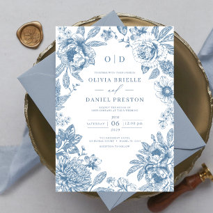 Convites Monograma de Casamento Azul Dusty, francês vitoria