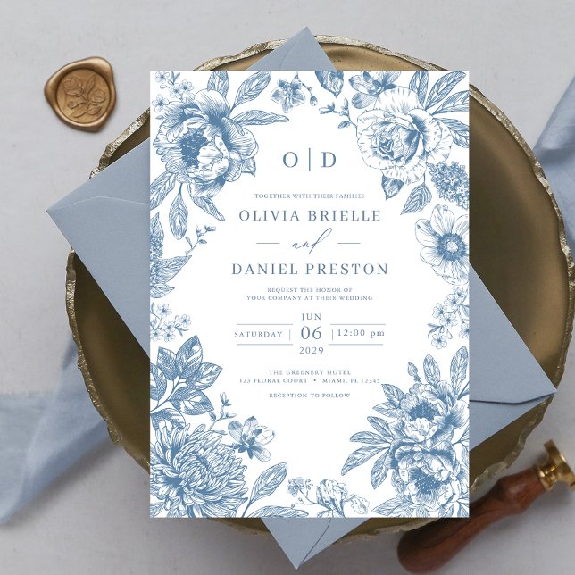 Convites Monograma de Casamento Azul Dusty, francês vitoria (Criador carregado)