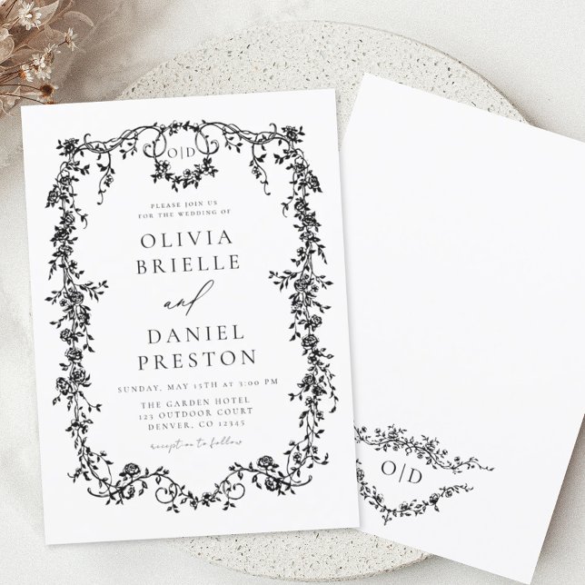 Convites Monograma de Casamento Branco Negro Francês Vitori (Criador carregado)