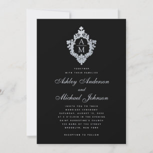 Convites Monograma de Casamento Brasão Antigo Preto Caligra