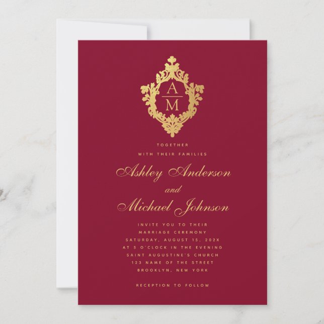 Convites Monograma de Casamento Burgundy Dourado Falso Bras (Frente)