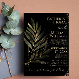 Convites Monograma de Casamento com Folha Dourada Negra Mod