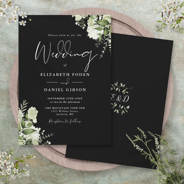Convites Monograma de casamento com folhagem verde e preto  (Botanical Watercolor Roses Garland Address Label)