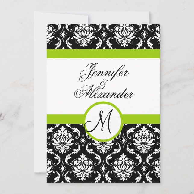 Convites Monograma de Casamento Damask Verde Frente do Conv (Frente)