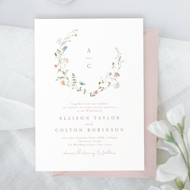 Convites Monograma de Casamento de Boho Russo de Flor Selva (Elegant Wildflower Rustic Boho Wedding monogram Invitation)