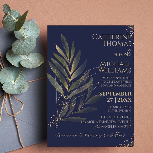 Convites Monograma de Casamento de Folha Azul Dourada do Ma (Criador carregado)