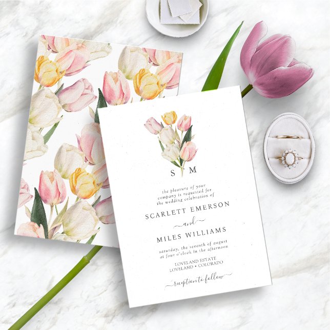 Convites Monograma de Casamento de Primavera (Watercolor Monogrammed Spring and Summer Tulip Wedding Invitation by Painted Paperie)
