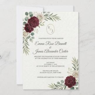 Convites Monograma de casamento de rosas Burgundy e brancas