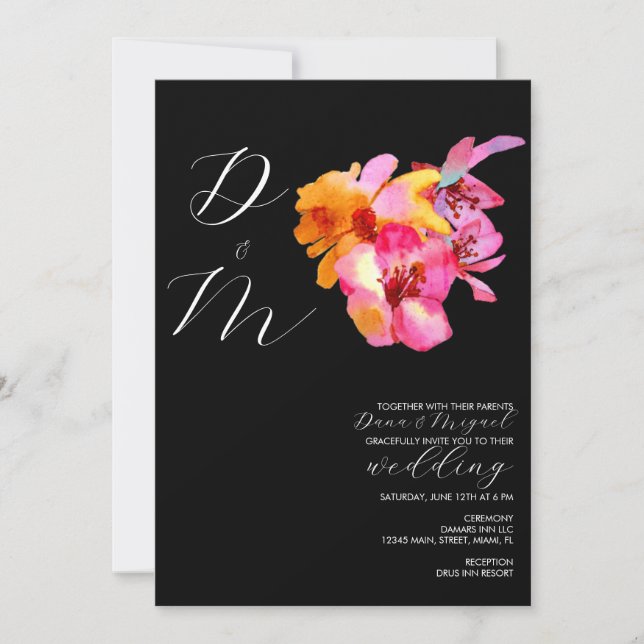 Convites Monograma de casamento em aquarela com flores bril (Frente)