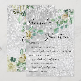 Convites Monograma de Casamento Florais Mint Glitter Silver