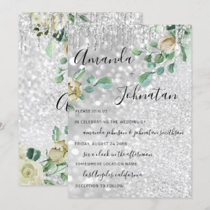 Convites Monograma de Casamento Florais Minúsculas Glitter