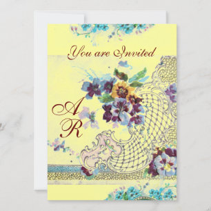 Convites Monograma de Casamento Floral Amarelo Azul-Rosa RO