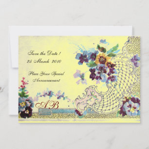 Convites Monograma de Casamento Floral Amarelo Azul-Rosa RO