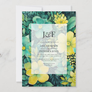 Convites Monograma de Casamento Floral Amarelo e Verde
