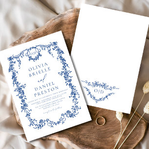 Convites Monograma de Casamento Floral Azul Vitoriano Franc