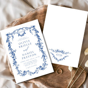 Convites Monograma de Casamento Floral Azul Vitoriano Franc