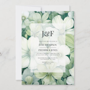 Convites Monograma de casamento floral branco e verde-sálvi