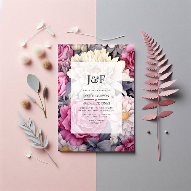 Convites Monograma de Casamento Floral, Cor-de-rosa, Cinzas (Pink, Grey and Ivory Floral Wedding Monogram Invitation)