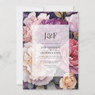 Convites Monograma de casamento floral em rosa e champanhe