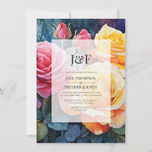 Convites Monograma de casamento floral rosa e amarelo