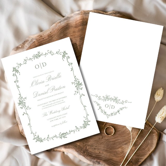 Convites Monograma de Casamento Floral Verde do Victorian S (Criador carregado)