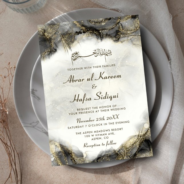 Convites Monograma de Casamento Islâmico com Tinta Negra Mo (Criador carregado)