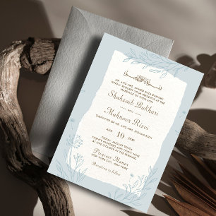Convites Monograma de Casamento Islâmico Floral Azul Elegan