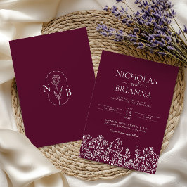 Convites Monograma de casamento minimalista de flores silve