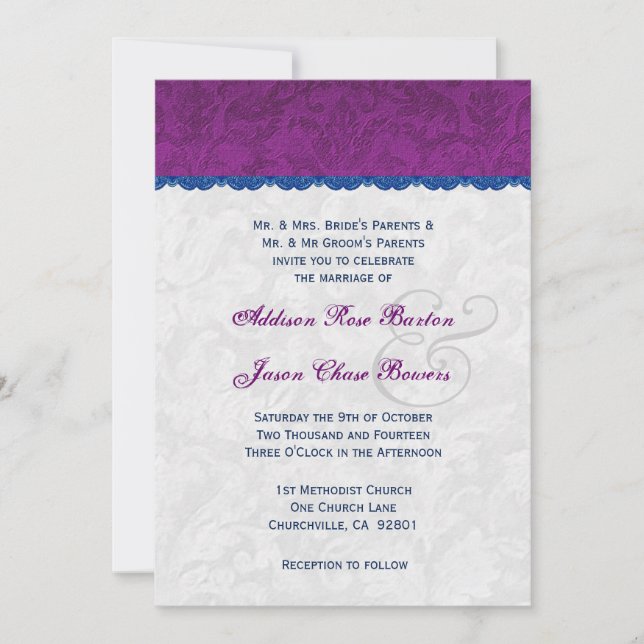 Convites Monograma de Casamento Roxo, Azul e Prata V05 (Frente)