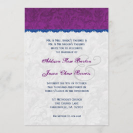 Convites Monograma de Casamento Roxo, Azul e Prata V05