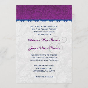 Convites Monograma de Casamento Roxo, Azul e Prata V05