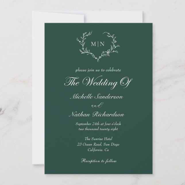 Convites Monograma de Casamento Verde Emerald (Frente)