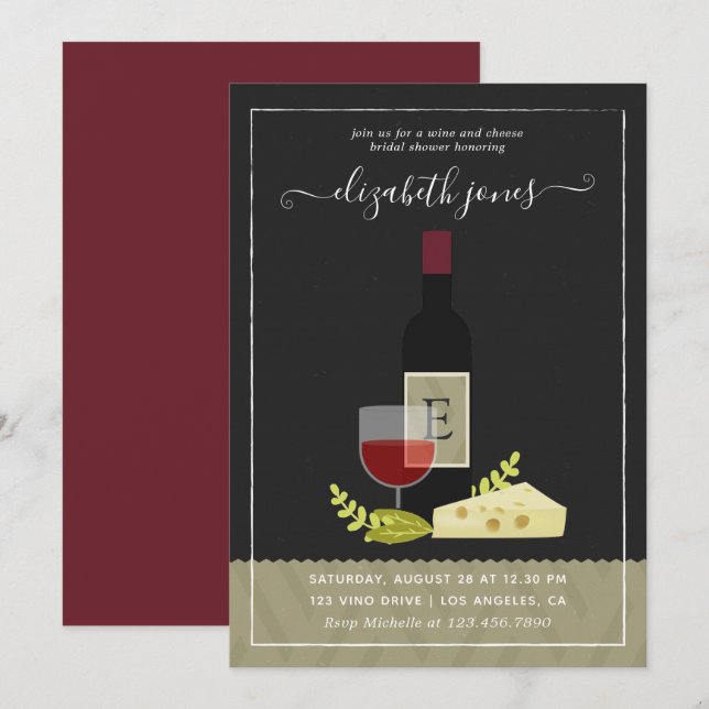 Convites Monograma de Chá de panela de vinho e queijo (Frente/Verso)