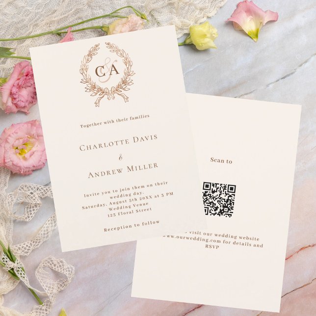 Convites Monograma de crista bege Código QR Casamento RSVP (Criador carregado)
