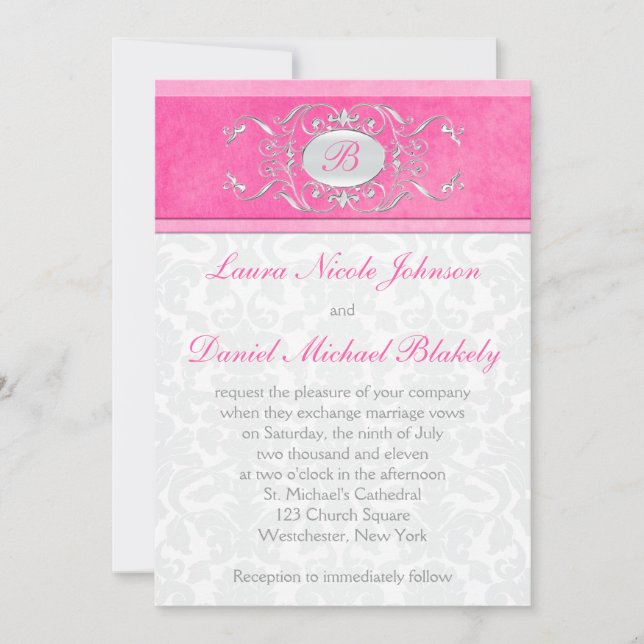 Convites Monograma de Damas Rosa, Branca e Cinza (Frente)