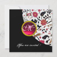 MONOGRAMA DE DAMASCO PRETO E BRANCO, rubi vermelho