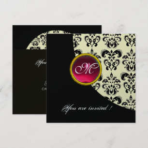 Convites MONOGRAMA DE DAMASCO PRETO E BRANCO, rubi vermelho