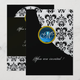 Convites MONOGRAMA DE DAMASCO PRETO E PRATA, safira azul