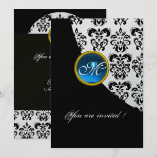 Convites MONOGRAMA DE DAMASCO PRETO E PRATA, safira azul