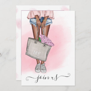 Convites Monograma de Festa de solteira Floral Rosa Chic