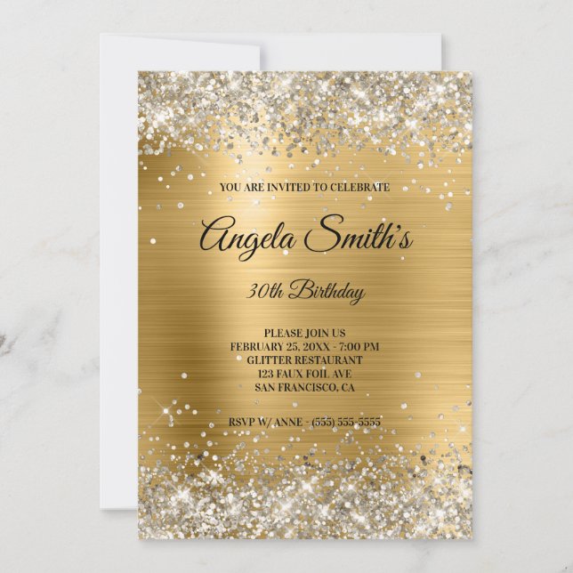 Convites Monograma de Folha de Platina Glitter Gold (Frente)
